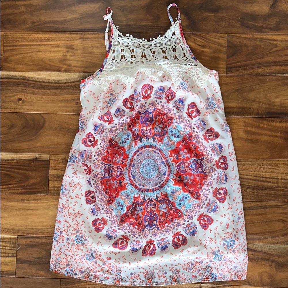 Red and White Dress with Mandala Print and Lace Detailing